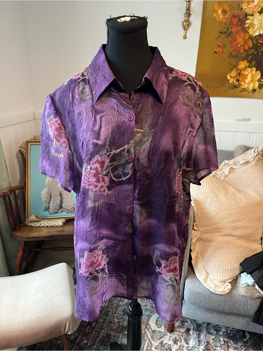 Women’s Vintage Purple Floral Short Sleeve Button-Up Blouse Size XL